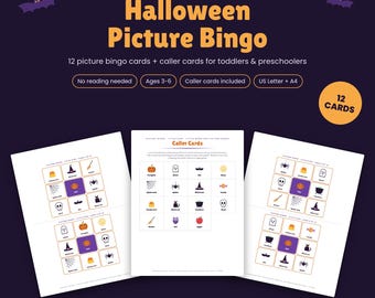 Może przedstawiać: Zestaw do gry w obrazkowe bingo na Halloween do druku, zawierający 12 kart i karty do wywoływania z ikonami dyń, duchów, nietoperzy, pająków i kapeluszy czarownic. Ciemnofioletowe tło zawiera tekst Halloween Picture Bingo, 12 cards, US Letter + A4.