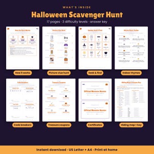 Puede incluir: Un conjunto de actividades imprimibles de b&uacute;squeda del tesoro de Halloween con 17 p&aacute;ginas, 3 niveles de dificultad y una hoja de respuestas. Incluye instrucciones, pistas visuales, juegos de b&uacute;squeda, rimas, c&oacute;digos y certificados.