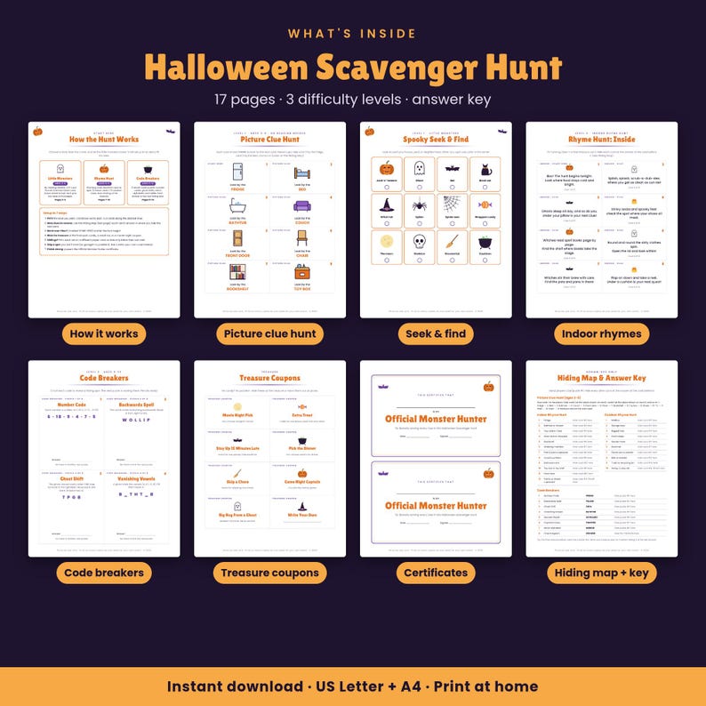 Puede incluir: Un conjunto de actividades imprimibles de b&uacute;squeda del tesoro de Halloween con 17 p&aacute;ginas, 3 niveles de dificultad y una hoja de respuestas. Incluye instrucciones, pistas visuales, juegos de b&uacute;squeda, rimas, c&oacute;digos y certificados.