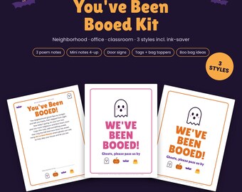 Puede incluir: Un kit imprimible You've Been Booed con tres estilos de documentos temáticos de Halloween. El conjunto incluye notas de poemas, mini notas, letreros para puertas, etiquetas y adornos para bolsas con gráficos de fantasmas, calabazas y murciélagos.