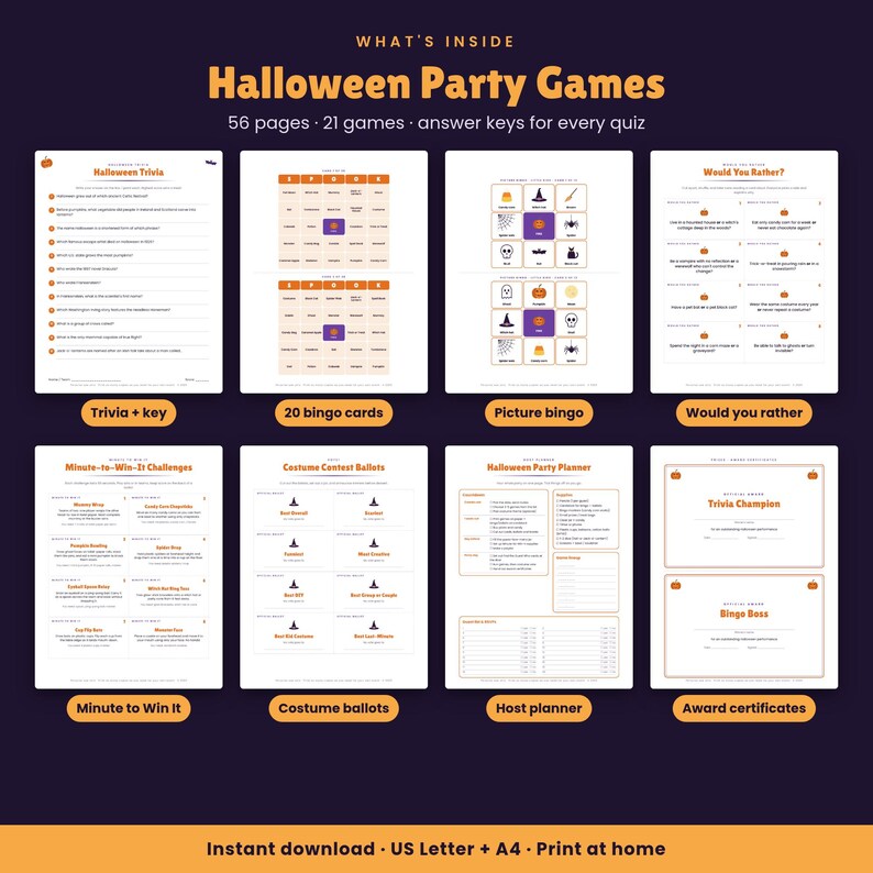 Może przedstawiać: Cyfrowy zestaw gier na imprezę Halloween zawierający 56 stron, 21 gier i klucze odpowiedzi. Zestaw obejmuje ciekawostki, karty bingo, bingo obrazkowe, pytania typu "wolisz", wyzwania, karty do głosowania na kostiumy, planer i certyfikaty nagr&oacute;d.