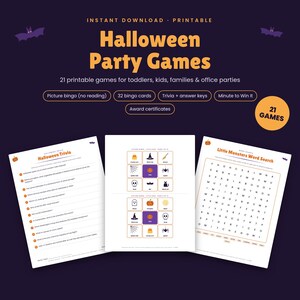 Może przedstawiać: Zestaw 21 gier na Halloween do druku, zawierający ciekawostki, bingo obrazkowe i wykreślanki. Ciemnofioletowe tło zawiera pomarańczowy napis Halloween Party Games, ikony nietoperzy oraz okrągłą odznakę z napisem 21 games.