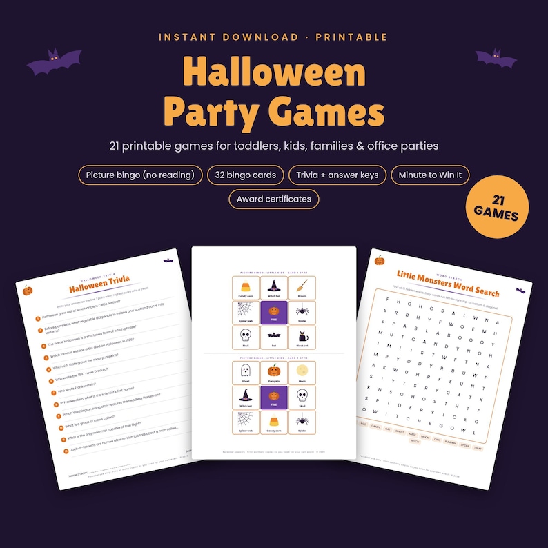Może przedstawiać: Zestaw 21 gier na Halloween do druku, zawierający ciekawostki, bingo obrazkowe i wykreślanki. Ciemnofioletowe tło zawiera pomarańczowy napis Halloween Party Games, ikony nietoperzy oraz okrągłą odznakę z napisem 21 games.