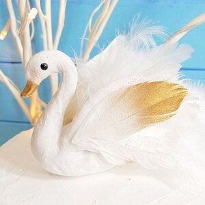 NEW Elegant fluffy white swan birthday  cake topper swan themed party