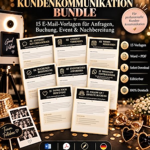 Könnte beinhalten: Ein digitales Bündel aus 15 E-Mail-Vorlagen für die Kundenkommunikation von Fotobox-Anbietern, inklusive Dokumenten für Anfragen, Buchungen und Event-Nachbereitung, dargestellt als bedruckbare Seiten mit schwarzem und goldenem Text.