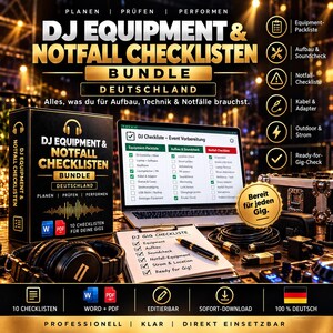 Peut inclure: Un ensemble numérique de listes de contrôle pour équipement DJ et urgences comprenant une boîte noire avec texte doré, un ordinateur portable affichant des listes, un bloc-notes avec stylo, un casque et des câbles sur un bureau aux accents dorés.