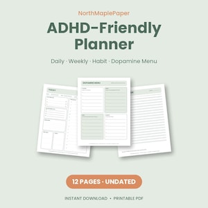 ADHS-Planer zum Ausdrucken, undatierter Tagesplaner, Gewohnheitstracker, Dopamin-Menü, Gedankenspeicher, Aufgabenaufteilung, PDF zur Exekutivfunktion