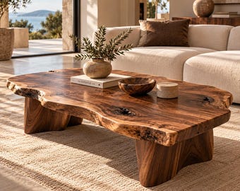 May include: A low coffee table crafted from a single slab of dark brown wood with a natural live edge, featuring a prominent wood grain and a sturdy base. On the surface sits a book titled The Kinfolk, a small wooden bowl, and a round container.