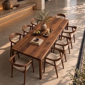 May include: A rectangular dark wood dining table with rounded corners and eight matching chairs featuring curved backrests and light beige upholstered seats. The table is set with a ceramic vase, a tray with candles, and a stack of books.