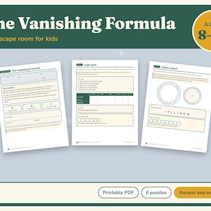 以下が含まれることがあります： 8歳から12歳の子供向けの印刷可能なスパイ脱出ゲーム「The Vanishing Formula」。ミッションの概要、論理パズル、暗号ホイールが記載された3枚の白い紙のシートで構成されており、テキストと記入用のボックスが含まれています。