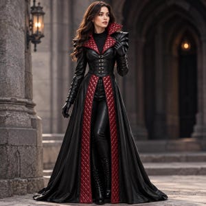 Gothic Black Leather Coat | Red Quilted Vampire Jacket | Long Hoodless Fantasy Costume | Dark Outerwear