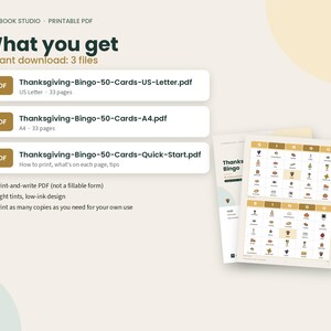 May include: A digital download set featuring Thanksgiving Bingo cards. Includes three PDF files: Thanksgiving-Bingo-50-Cards-US-Letter.pdf, Thanksgiving-Bingo-50-Cards-A4.pdf, and Thanksgiving-Bingo-50-Cards-Quick-Start.pdf, with 33 pages each.