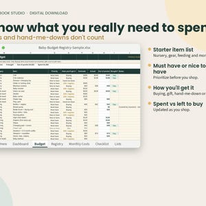 May include: A digital spreadsheet template titled Baby-Budget-Registry-Sample.xlsx. The document features columns for category, item, priority, acquisition method, estimated cost, actual cost, and out-of-pocket expenses for baby-related items.