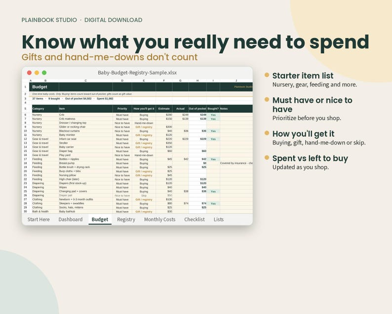 May include: A digital spreadsheet template titled Baby-Budget-Registry-Sample.xlsx. The document features columns for category, item, priority, acquisition method, estimated cost, actual cost, and out-of-pocket expenses for baby-related items.