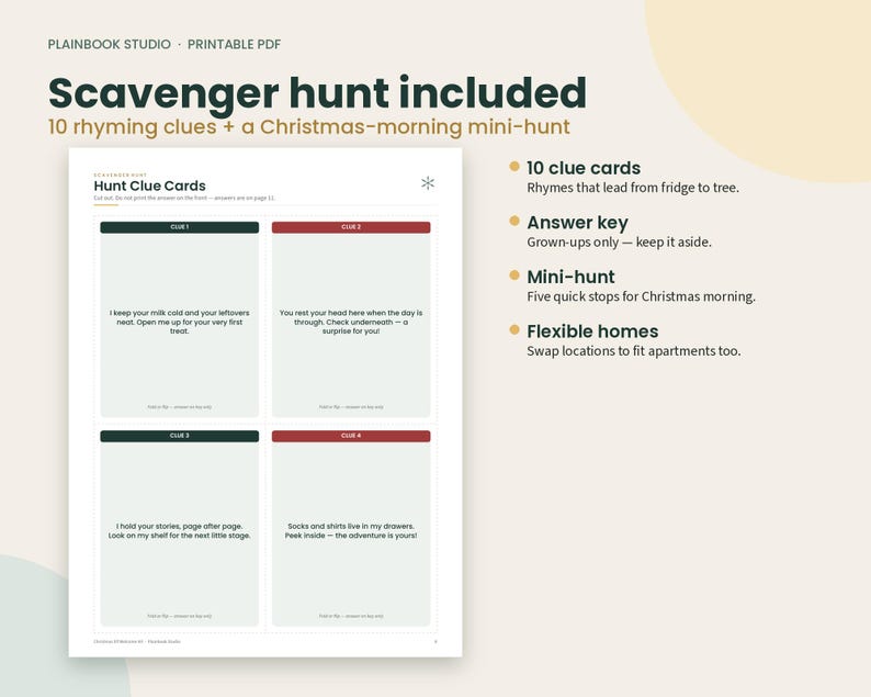May include: A printable PDF scavenger hunt set featuring 10 rhyming clue cards and a Christmas-morning mini-hunt. The document includes an answer key and instructions for flexible home use, with text detailing clues for locations like the fridge and drawers.