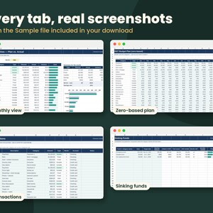 May include: A digital spreadsheet template featuring four distinct views: Monthly View, Zero-based plan, Transactions, and Sinking funds. The interface displays financial data in tables with blue headers, white cells, and teal progress bars.