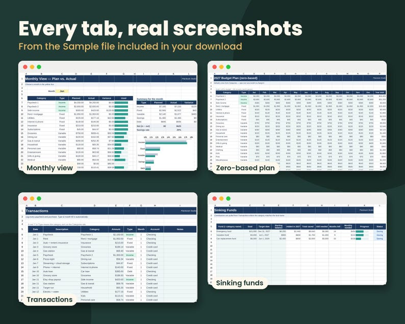 May include: A digital spreadsheet template featuring four distinct views: Monthly View, Zero-based plan, Transactions, and Sinking funds. The interface displays financial data in tables with blue headers, white cells, and teal progress bars.