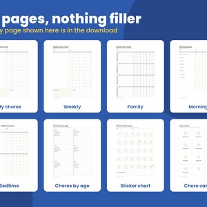 May include: A digital download set featuring 12 pages of chore charts and routine planners. The text 12 pages, nothing filler and Every page shown here is in the download is visible. Includes layouts for weekly chores, family charts, morning and bedtime routines.