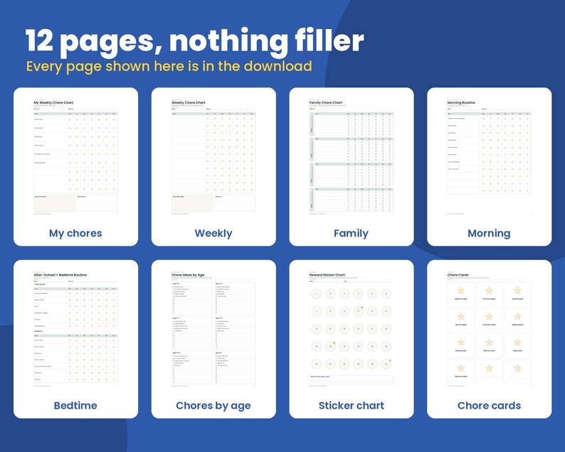 May include: A digital download set featuring 12 pages of chore charts and routine planners. The text 12 pages, nothing filler and Every page shown here is in the download is visible. Includes layouts for weekly chores, family charts, morning and bedtime routines.