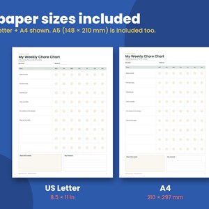 May include: A printable weekly chore chart template featuring the title My Weekly Chore Chart, columns for days of the week, and rows for tasks with star icons. The image displays two paper sizes: US Letter at 8.5 x 11 inches and A4 at 210 x 297 mm.