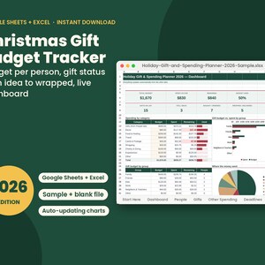 May include: A digital Christmas Gift Budget Tracker spreadsheet for Google Sheets and Excel. The interface displays a 2026 dashboard with budget summaries, spending categories, gift status, and charts. Text includes 'Christmas Gift Budget Tracker' and '2026 EDITION'.