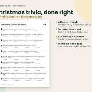 K&ouml;nnte beinhalten: Ein druckbares PDF-Weihnachts-Quiz mit 40 originellen, faktengepr&uuml;ften Fragen in vier Themenrunden. Das Dokument enth&auml;lt einen Antwortbogen f&uuml;r Teams, einen L&ouml;sungsschl&uuml;ssel mit interessanten Fakten und ist f&uuml;r Videokonferenzen geeignet.