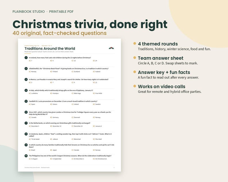 K&ouml;nnte beinhalten: Ein druckbares PDF-Weihnachts-Quiz mit 40 originellen, faktengepr&uuml;ften Fragen in vier Themenrunden. Das Dokument enth&auml;lt einen Antwortbogen f&uuml;r Teams, einen L&ouml;sungsschl&uuml;ssel mit interessanten Fakten und ist f&uuml;r Videokonferenzen geeignet.
