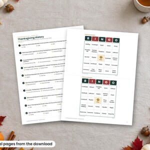 K&ouml;nnte beinhalten: Zwei wei&szlig;e Papierb&ouml;gen mit Aktivit&auml;ten zum Thema Thanksgiving. Ein Blatt enth&auml;lt ein Thanksgiving-Geschichtsquiz mit zehn Fragen. Das zweite Blatt zeigt zwei Bingo-Spielkarten mit einem zentralen Freifeld-Symbol.