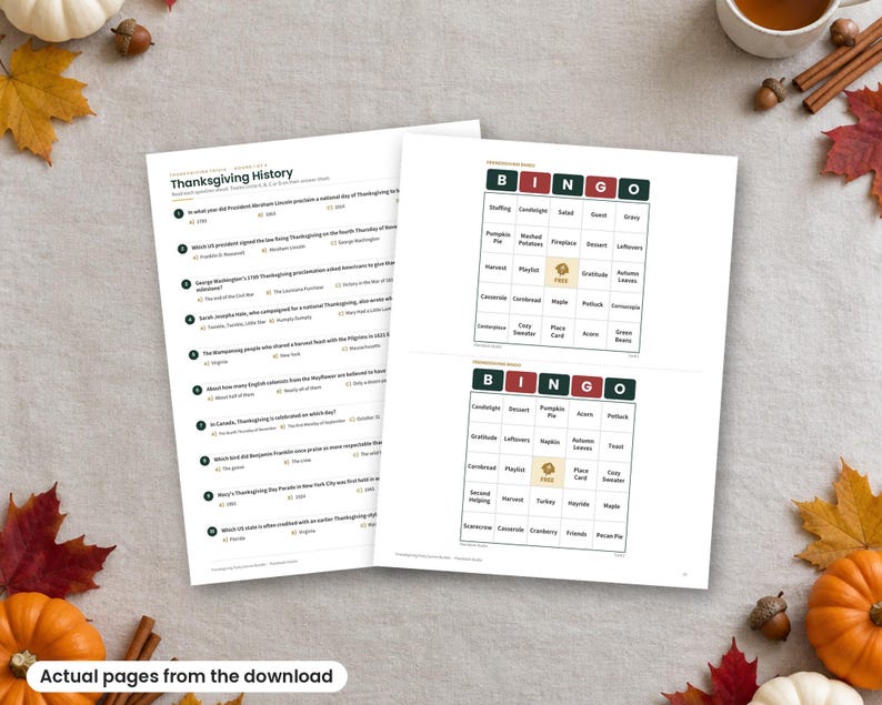 K&ouml;nnte beinhalten: Zwei wei&szlig;e Papierb&ouml;gen mit Aktivit&auml;ten zum Thema Thanksgiving. Ein Blatt enth&auml;lt ein Thanksgiving-Geschichtsquiz mit zehn Fragen. Das zweite Blatt zeigt zwei Bingo-Spielkarten mit einem zentralen Freifeld-Symbol.