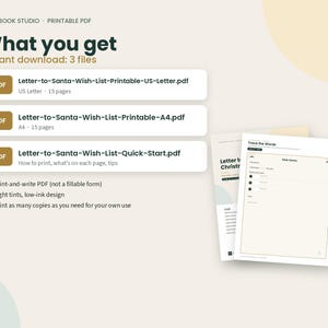Op de afbeelding: Een digitale downloadset met drie PDF-bestanden: Letter-to-Santa-Wish-List-Printable-US-Letter.pdf, Letter-to-Santa-Wish-List-Printable-A4.pdf en Letter-to-Santa-Wish-List-Quick-Start.pdf, samen met een voorbeeld van een afdrukbaar sjabloon.