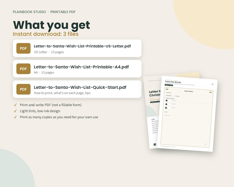 Op de afbeelding: Een digitale downloadset met drie PDF-bestanden: Letter-to-Santa-Wish-List-Printable-US-Letter.pdf, Letter-to-Santa-Wish-List-Printable-A4.pdf en Letter-to-Santa-Wish-List-Quick-Start.pdf, samen met een voorbeeld van een afdrukbaar sjabloon.