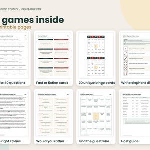 K&ouml;nnte beinhalten: Eine Sammlung von 12 druckbaren Weihnachtsspielen auf 51 Seiten, darunter Quizfragen, Fakten-oder-Fiktion-Karten, Bingokarten, ein White-Elephant-W&uuml;rfelspiel, Geschichten, Entweder-oder-Fragen, ein Suchspiel f&uuml;r G&auml;ste und ein Gastgeber-Leitfaden.