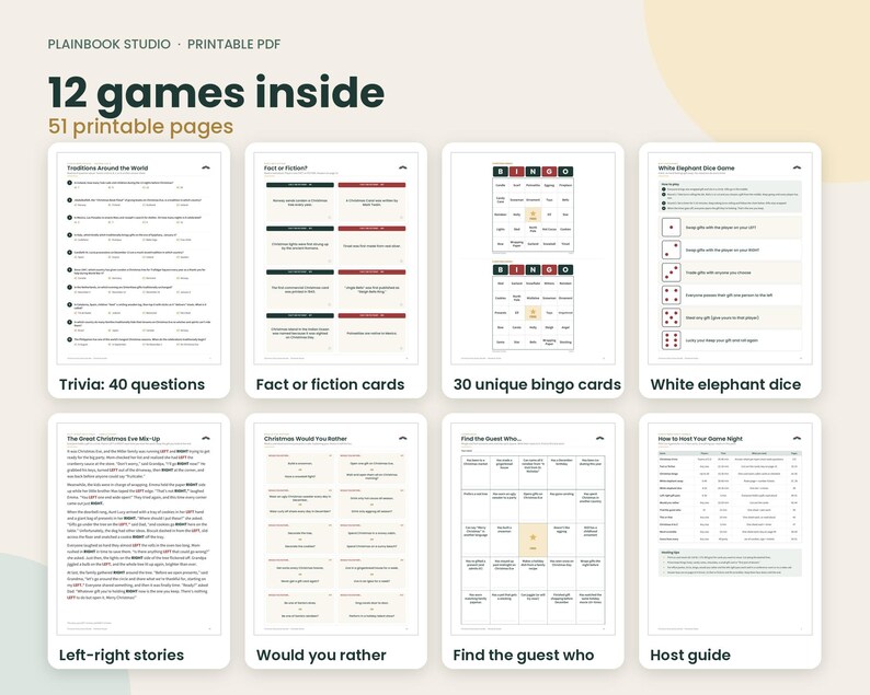 K&ouml;nnte beinhalten: Eine Sammlung von 12 druckbaren Weihnachtsspielen auf 51 Seiten, darunter Quizfragen, Fakten-oder-Fiktion-Karten, Bingokarten, ein White-Elephant-W&uuml;rfelspiel, Geschichten, Entweder-oder-Fragen, ein Suchspiel f&uuml;r G&auml;ste und ein Gastgeber-Leitfaden.