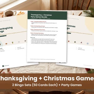 May include: A printable party games bundle featuring Thanksgiving and Christmas bingo sets. The documents include instructions and lists for 50 unique bingo cards each, plus additional party games, all presented on white paper with dark green headers.