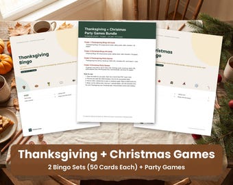 Paquete de juegos para fiestas de Acción de Gracias y Navidad, 2 juegos de bingo con 50 tarjetas ilustradas cada uno, juegos de preguntas y respuestas, mímica, imprimibles para las fiestas en familia y en el aula.