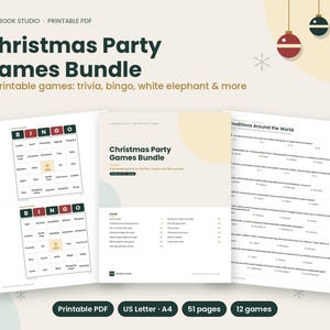 K&ouml;nnte beinhalten: Ein digitales Paket mit 12 druckbaren Weihnachts-Partyspielen im PDF-Format, darunter Bingokarten, Quizfragen und Anleitungen f&uuml;r White Elephant. Das Set umfasst 51 Seiten, kompatibel mit US Letter- und A4-Papierformaten, mit festlicher Grafik.