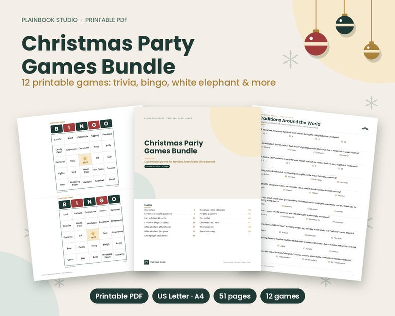 K&ouml;nnte beinhalten: Ein digitales Paket mit 12 druckbaren Weihnachts-Partyspielen im PDF-Format, darunter Bingokarten, Quizfragen und Anleitungen f&uuml;r White Elephant. Das Set umfasst 51 Seiten, kompatibel mit US Letter- und A4-Papierformaten, mit festlicher Grafik.