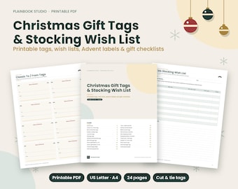 May include: A set of printable Christmas gift tags and stocking wish list documents. The pages feature text including Christmas Gift Tags & Stocking Wish List, Classic To/From Tags, and Kids Stocking Wish List, presented in a clean, organized layout.