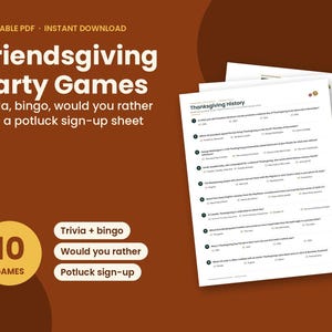 K&ouml;nnte beinhalten: Ein Set aus druckbaren Friendsgiving-Partyspielen, darunter Trivia, Bingo, ein Entweder-oder-Spiel und eine Anmeldeliste f&uuml;r ein Potluck-Essen. Das Dokument enth&auml;lt eine Seite mit zehn nummerierten Fragen zur Geschichte von Thanksgiving.