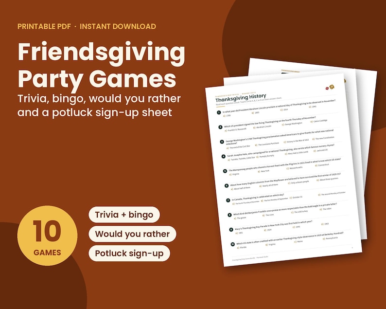 K&ouml;nnte beinhalten: Ein Set aus druckbaren Friendsgiving-Partyspielen, darunter Trivia, Bingo, ein Entweder-oder-Spiel und eine Anmeldeliste f&uuml;r ein Potluck-Essen. Das Dokument enth&auml;lt eine Seite mit zehn nummerierten Fragen zur Geschichte von Thanksgiving.