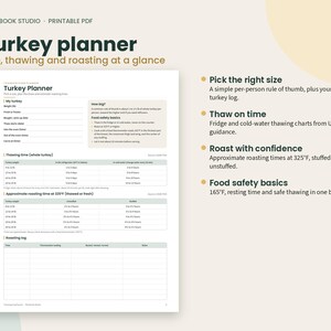 May include: A printable Turkey Planner document from Plainbook Studio featuring sections for turkey weight, thawing times, roasting times at 325&deg;F, and a roasting log. The text includes food safety basics and USDA guidance for holiday meal preparation.