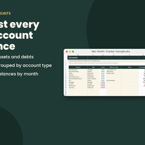 May include: A digital spreadsheet interface titled Net-Worth-Tracker-Sample.xlsx on a dark green background. The text reads ACCOUNTS, List every account once, Assets and debts, Grouped by account type, and Balances by month with a data table.