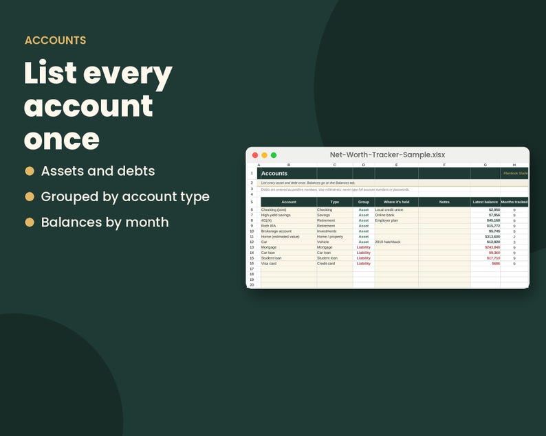 May include: A digital spreadsheet interface titled Net-Worth-Tracker-Sample.xlsx on a dark green background. The text reads ACCOUNTS, List every account once, Assets and debts, Grouped by account type, and Balances by month with a data table.