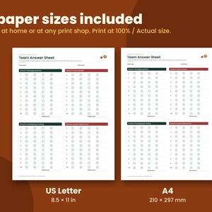 K&ouml;nnte beinhalten: Zwei druckbare Team-Antwortb&ouml;gen f&uuml;r Quizspiele mit vier Runden nummerierter Fragen und kreisf&ouml;rmigen Antwortfeldern. Der Text enth&auml;lt '2 paper sizes included', 'US Letter 8.5 x 11 in' und 'A4 210 x 297 mm'.
