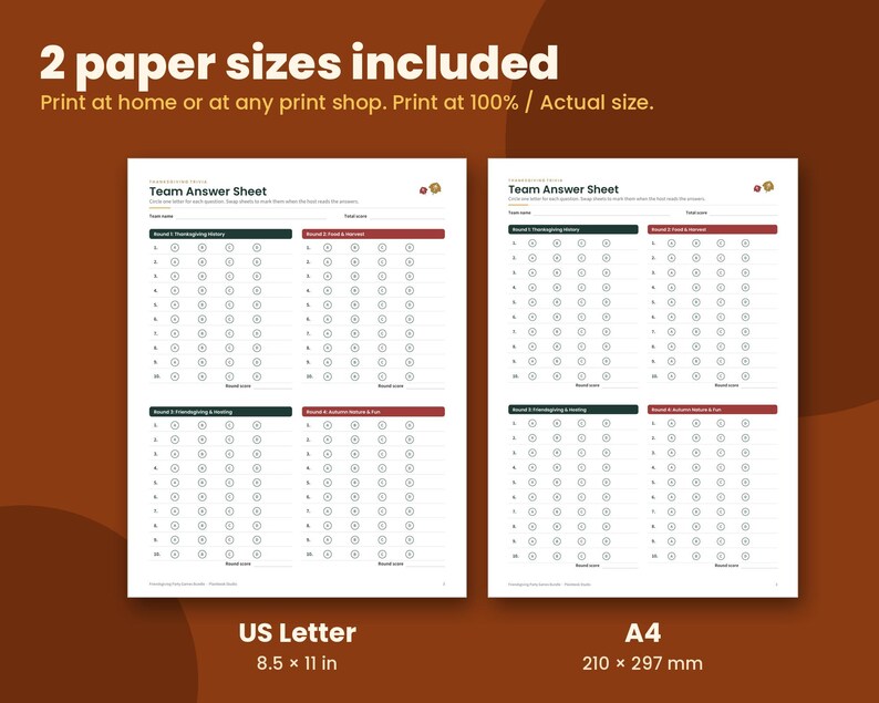 K&ouml;nnte beinhalten: Zwei druckbare Team-Antwortb&ouml;gen f&uuml;r Quizspiele mit vier Runden nummerierter Fragen und kreisf&ouml;rmigen Antwortfeldern. Der Text enth&auml;lt '2 paper sizes included', 'US Letter 8.5 x 11 in' und 'A4 210 x 297 mm'.