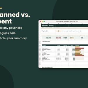 May include: A digital spreadsheet titled Paycheck-Budget-Sample.xlsx displayed on a screen, featuring a Paycheck Review table with columns for income, bills, and spending. The text reads Review, Planned vs. spent, Pick any paycheck, Progress bars, and Whole-year summary.