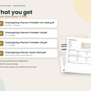 May include: A digital Thanksgiving planner set featuring four PDF files: US Letter, A4, A5, and a Quick-Start guide. The document includes a Turkey Planner page with sections for guest lists, menu planning, and cooking schedules in a light-ink design.
