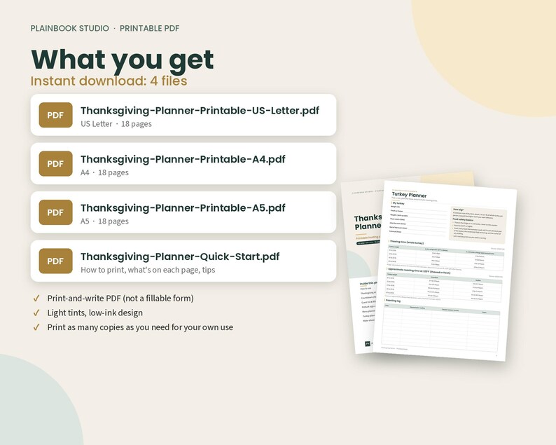 May include: A digital Thanksgiving planner set featuring four PDF files: US Letter, A4, A5, and a Quick-Start guide. The document includes a Turkey Planner page with sections for guest lists, menu planning, and cooking schedules in a light-ink design.