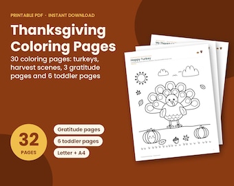 Disegni da colorare per il Giorno del Ringraziamento stampabili, 32 pagine, download immediato, 30 fogli da colorare per bambini, tacchino da colorare, libro da colorare autunnale per bambini piccoli in PDF