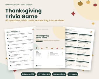 Gioco a quiz stampabile per il Giorno del Ringraziamento, 60 domande, 19 pagine, download immediato, carte con domande e risposte, ideale per una serata di giochi in famiglia.